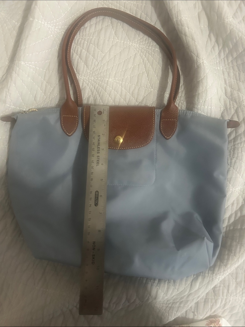 Longchamp Light Blue Nylon Tote with Brown Leather Trim - Picture 14 of 16